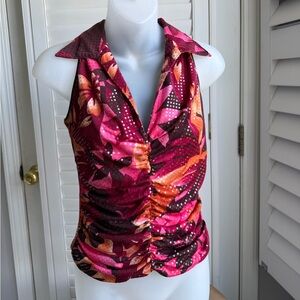 Cache Pink and Orange Floral Ruched Sleeveless Camisole